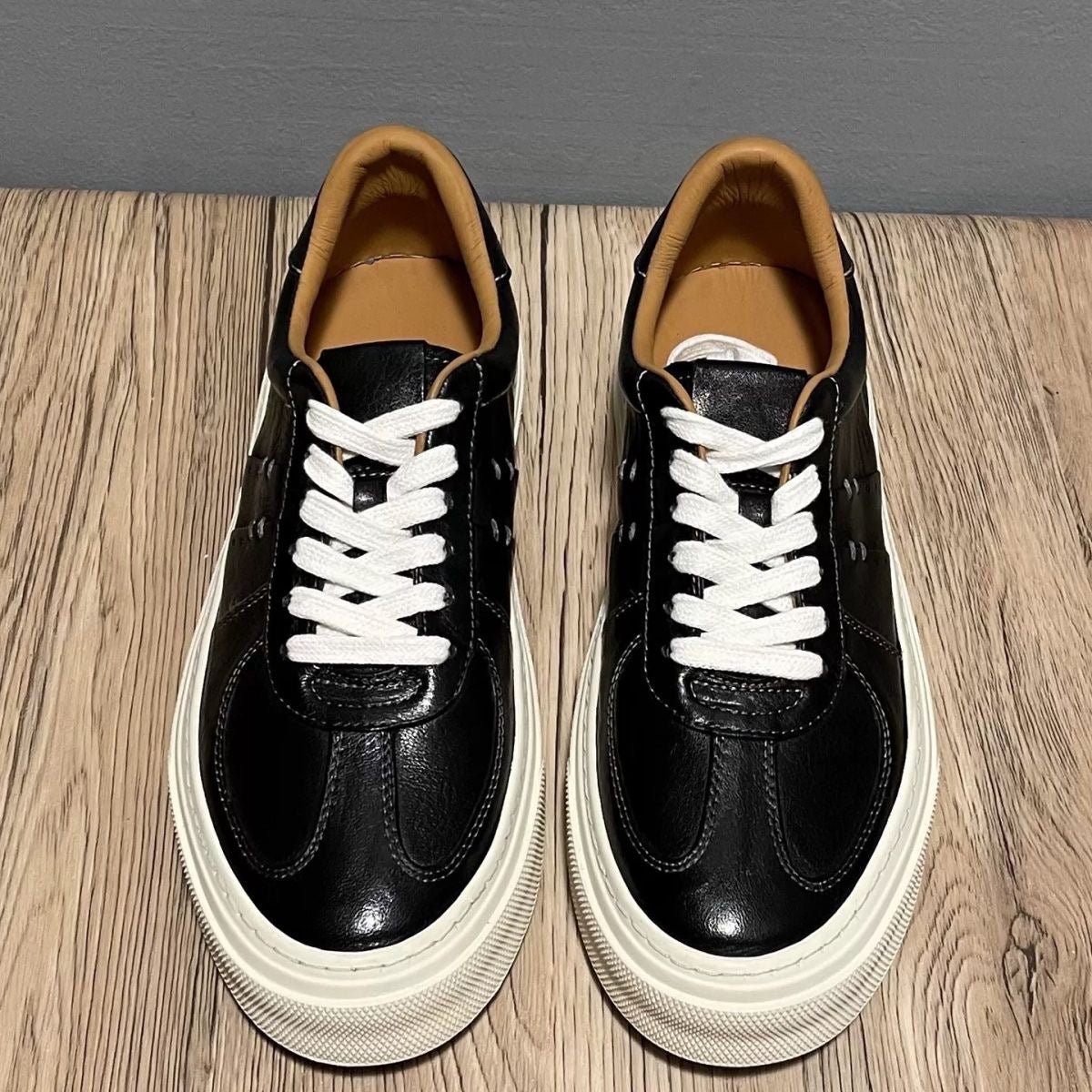 Retro Black Washed Leather Men Casual Sneakers Thick Platform Sole