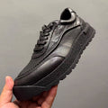 Retro Full Black Genuine Leather Men Casual Sneakers Thick Textured Sole