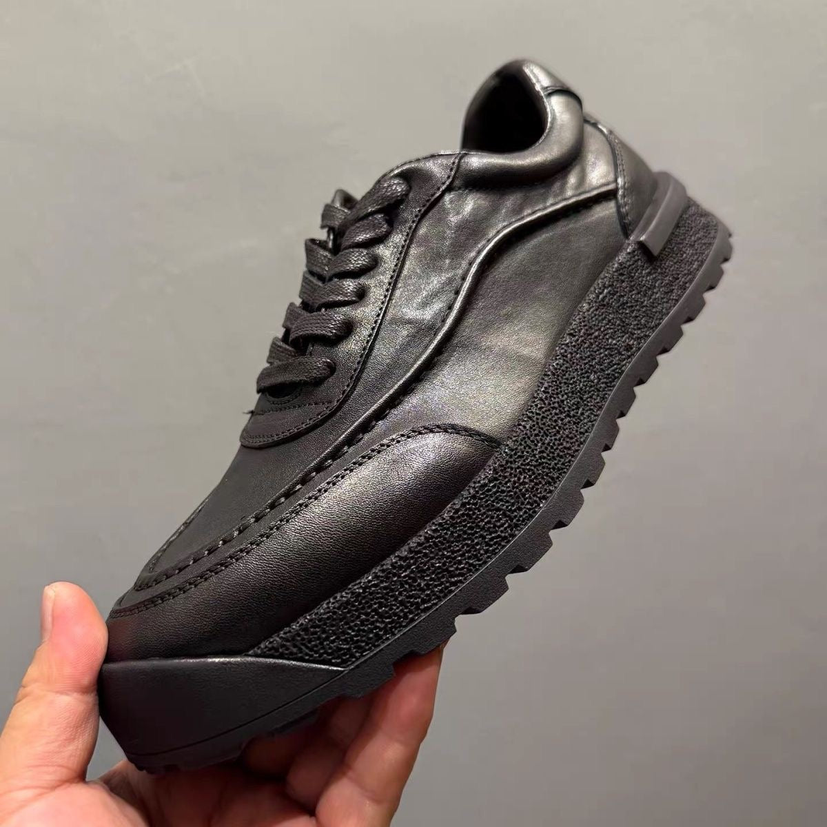 Retro Full Black Genuine Leather Men Casual Sneakers Thick Textured Sole