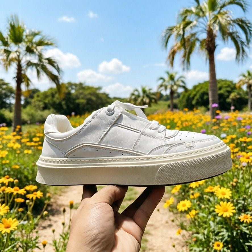 Minimalist White Genuine Leather Men Platform Sneakers Thick Sole